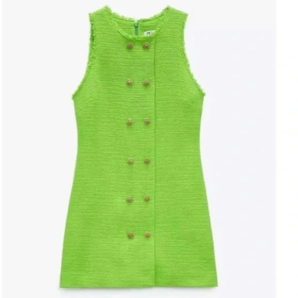 ZARA Tweed Green Dress Gold Medium - Picture 2 of 11